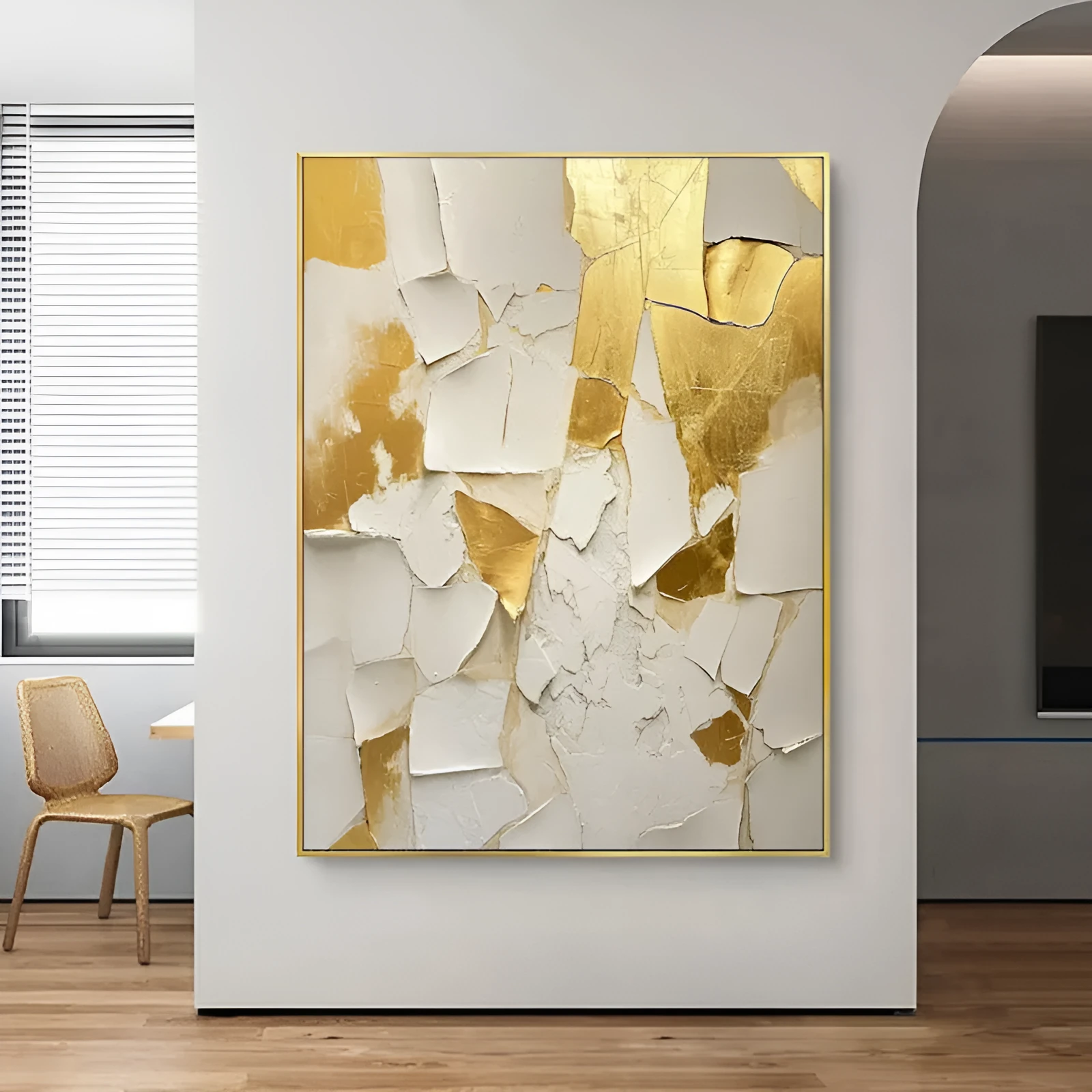 Golden and white textured handmade abstract oil painting on canvas, unframed, vertical orientation