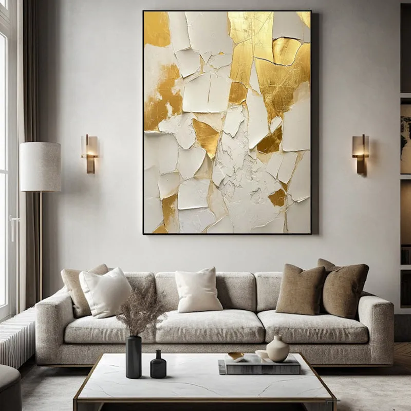 Golden and white textured handmade abstract oil painting on canvas, unframed, vertical orientation