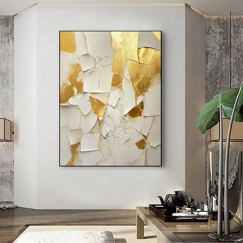 Golden and white textured handmade abstract oil painting on canvas, unframed, vertical orientation