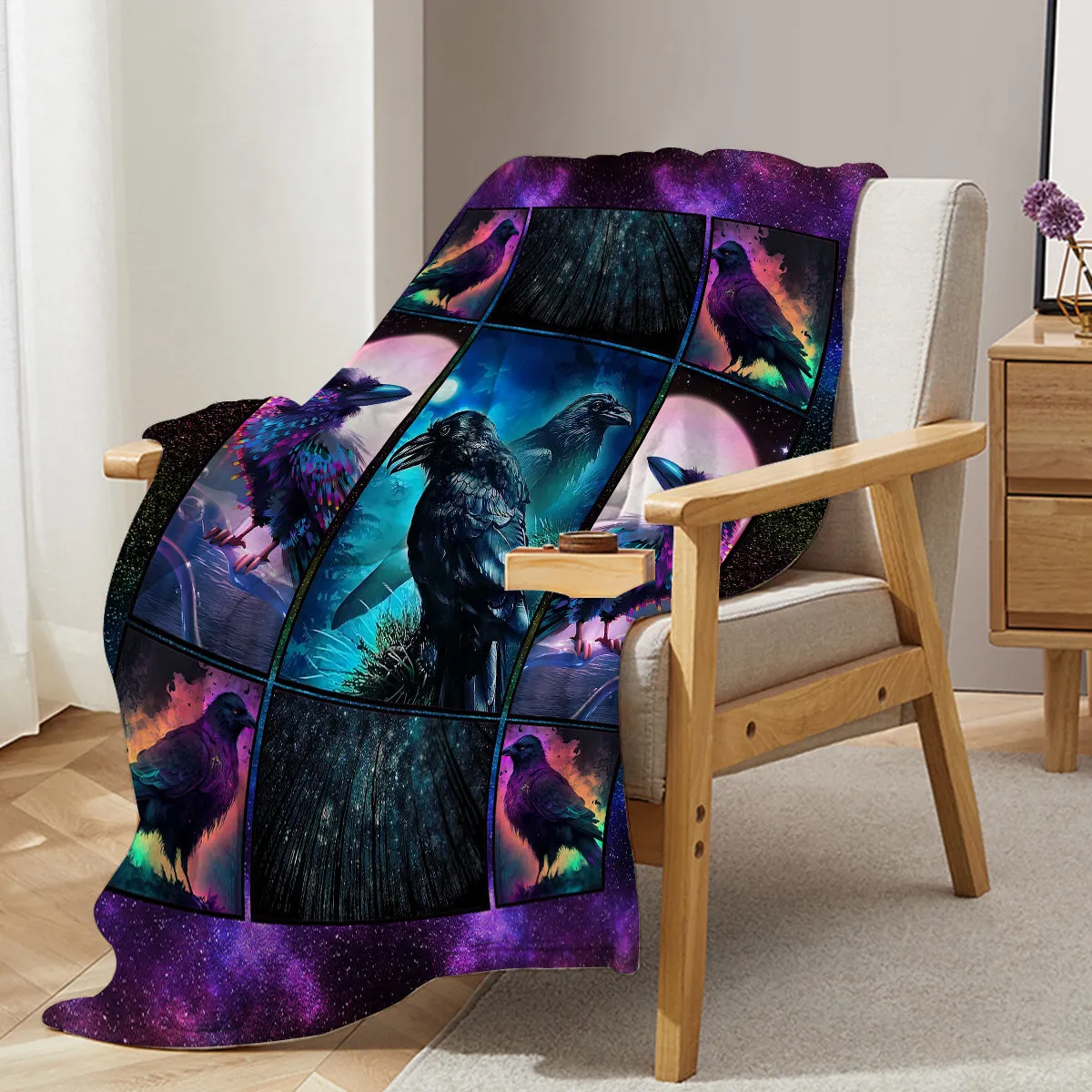 Flannel colourful raven print soft multifunctional throw blanket in multicoloured size options