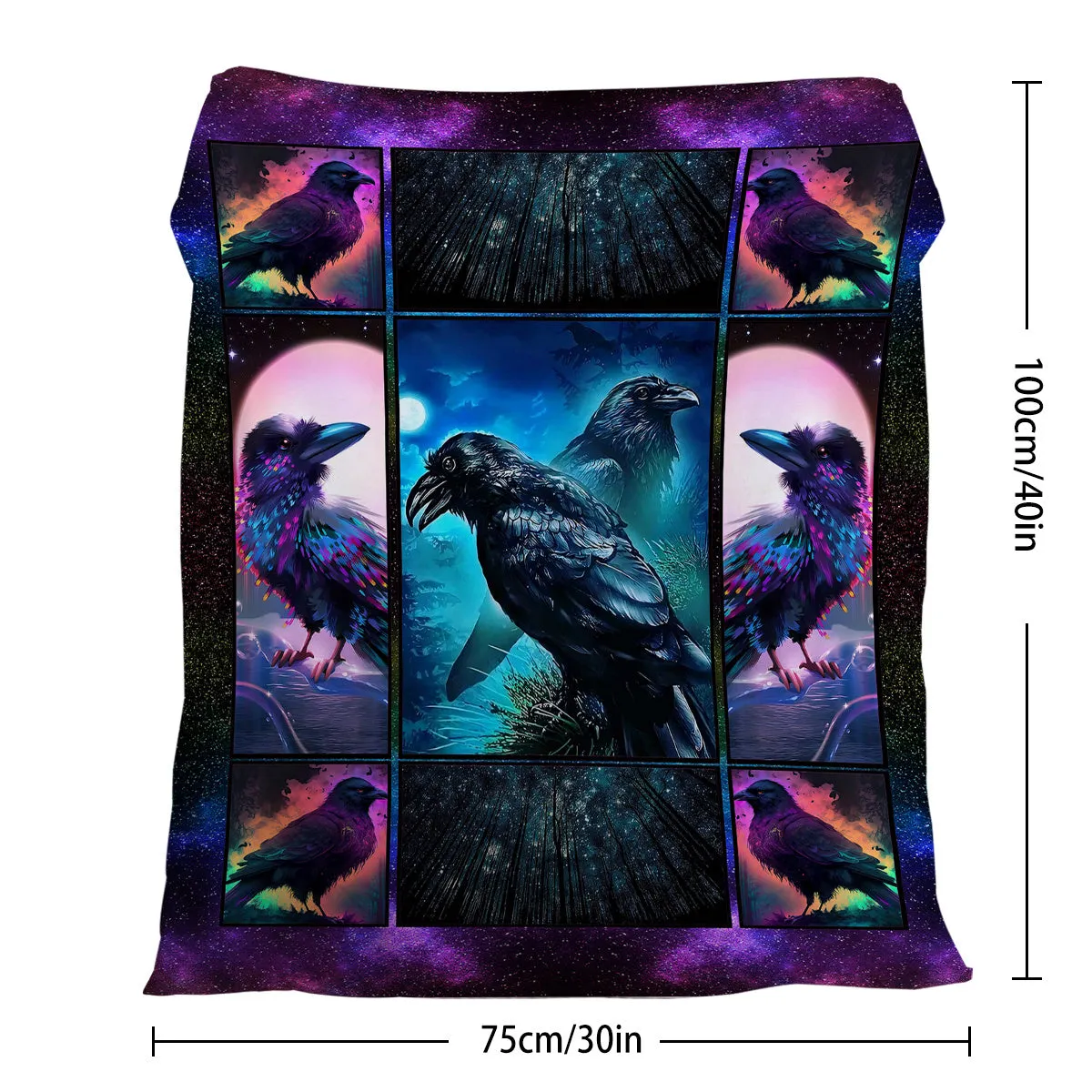 Flannel colourful raven print soft multifunctional throw blanket in multicoloured size options