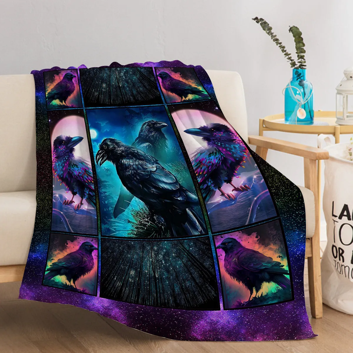Flannel colourful raven print soft multifunctional throw blanket in multicoloured size options
