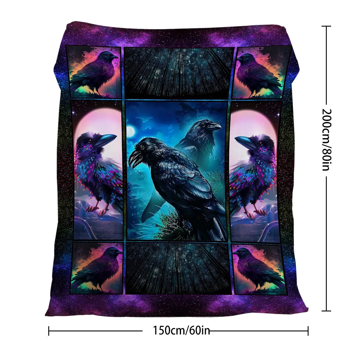 Flannel colourful raven print soft multifunctional throw blanket in multicoloured size options