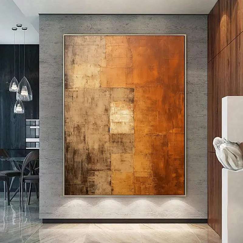 Orange and brown abstract hand-painted oil painting on canvas, vertical orientation, no frame, suitable for living room wall decor