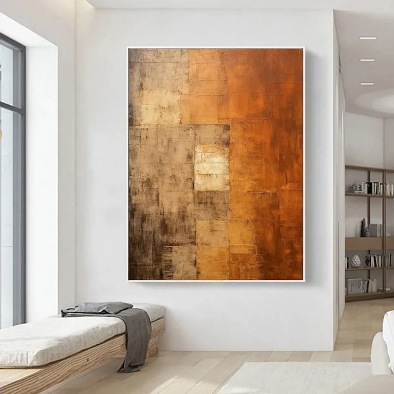 Orange and brown abstract hand-painted oil painting on canvas, vertical orientation, no frame, suitable for living room wall decor