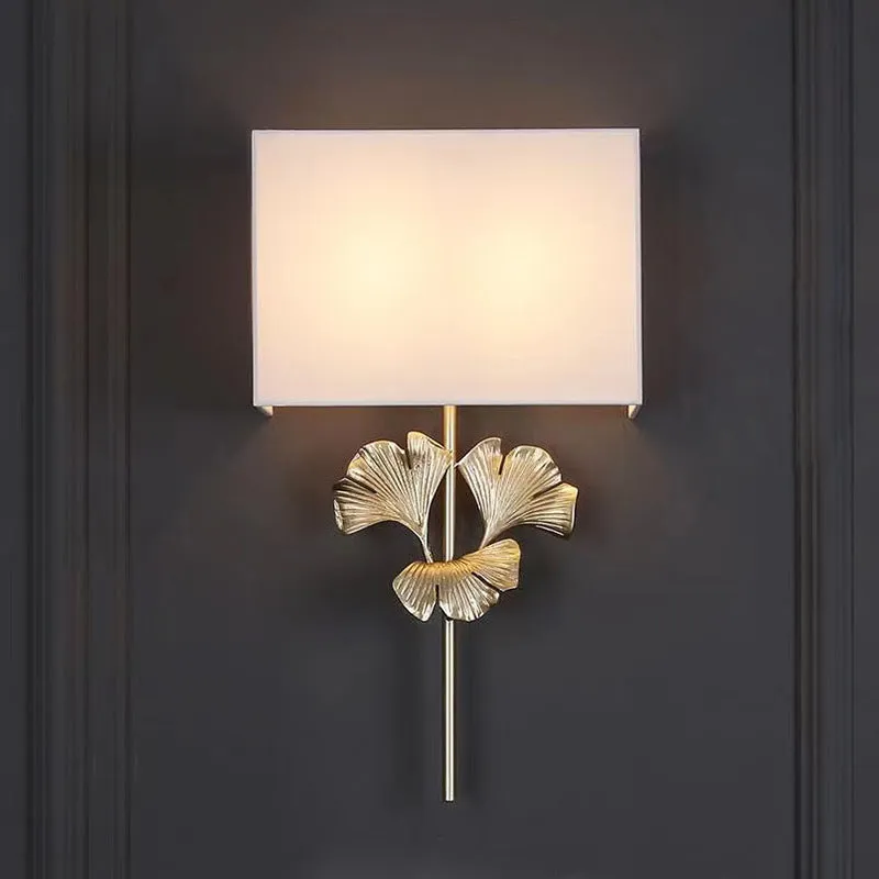 American-style all-copper ginkgo leaf wall lamp with white shade, brass finish, 530x300x120mm