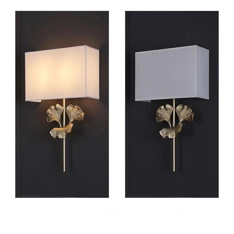 American-style all-copper ginkgo leaf wall lamp with white shade, brass finish, 530x300x120mm