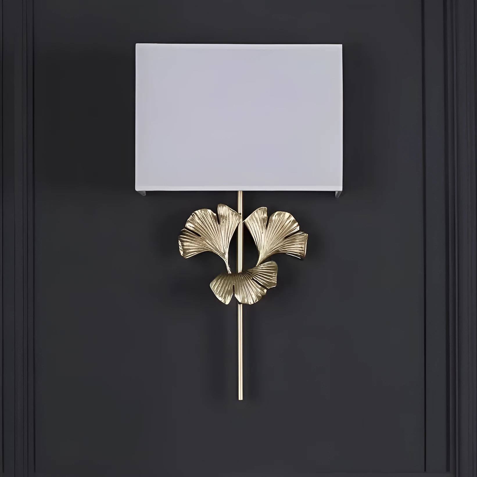 American-style all-copper ginkgo leaf wall lamp with white shade, brass finish, 530x300x120mm