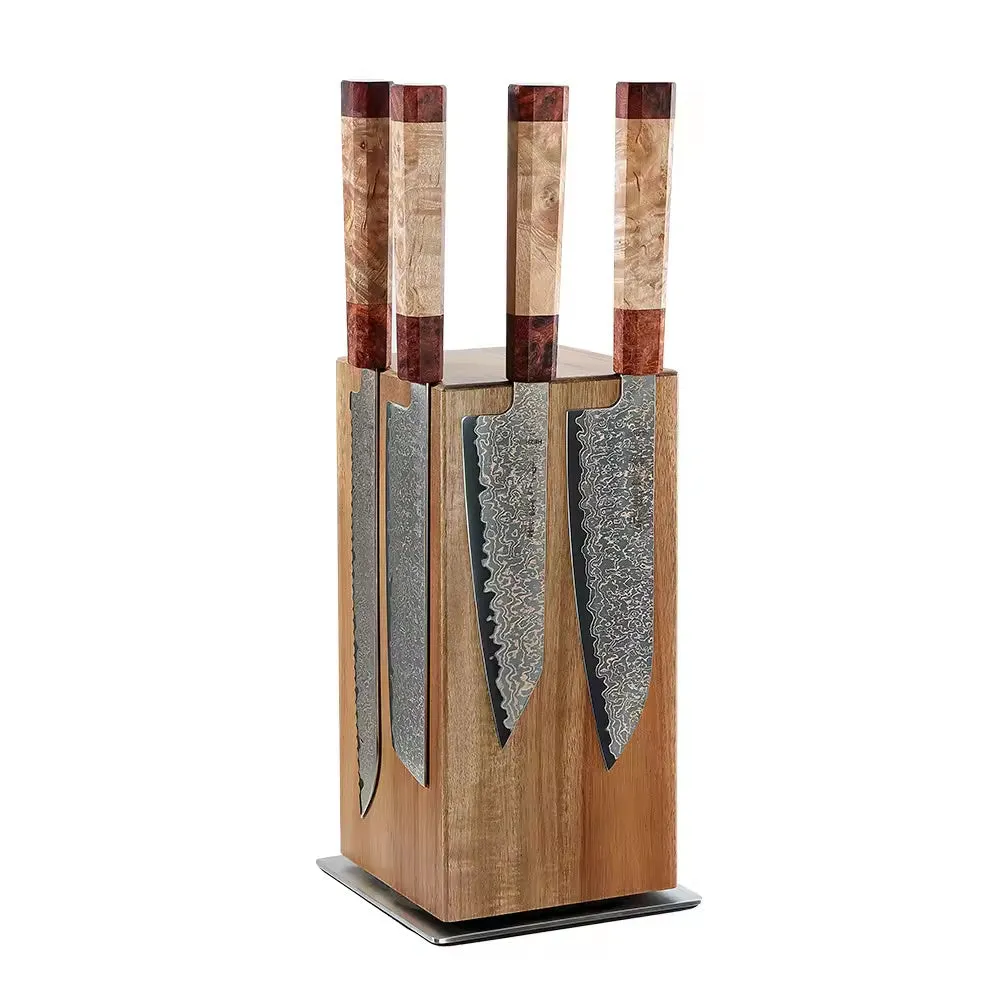 Xiangsi Wood Rotating Knife Holder in brown acacia wood with four strong magnetic sides on a kitchen countertop