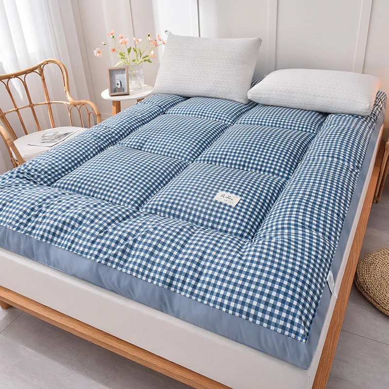 Thick feather velvet mattress topper with 10cm cushioning in pink plaid pattern, chemical fibre cover, polyester fill, for beds up to 2.0m