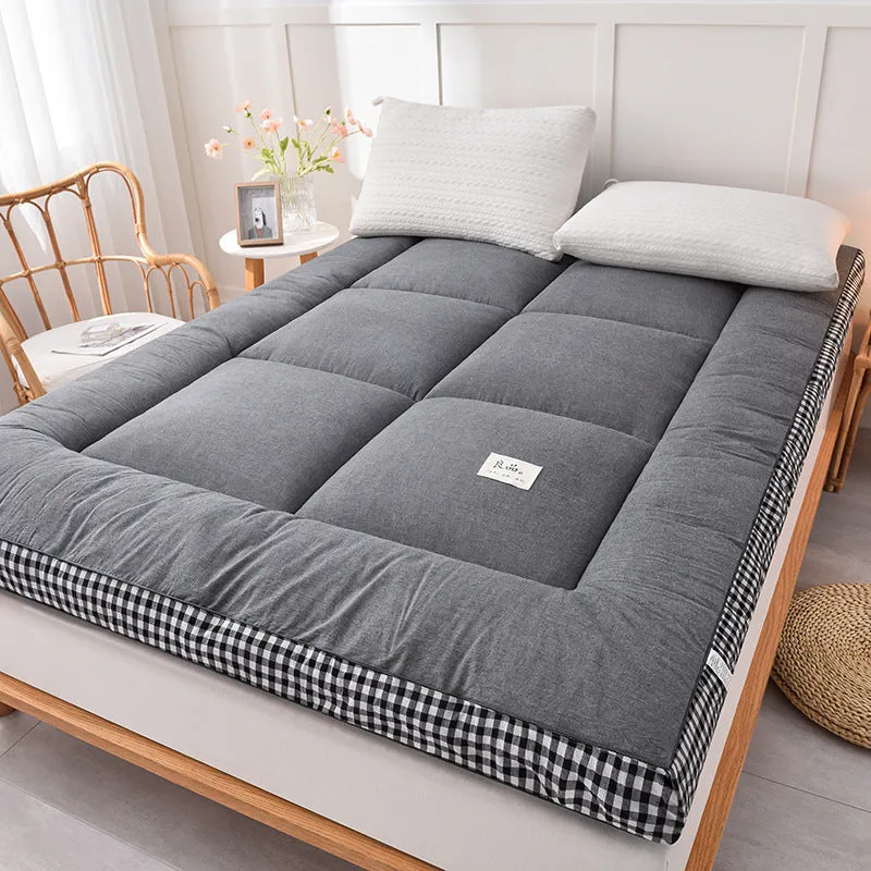 Thick feather velvet mattress topper with 10cm cushioning in pink plaid pattern, chemical fibre cover, polyester fill, for beds up to 2.0m