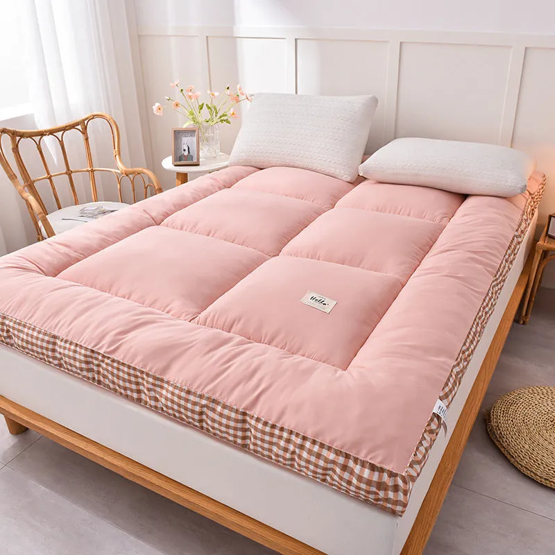 Thick feather velvet mattress topper with 10cm cushioning in pink plaid pattern, chemical fibre cover, polyester fill, for beds up to 2.0m