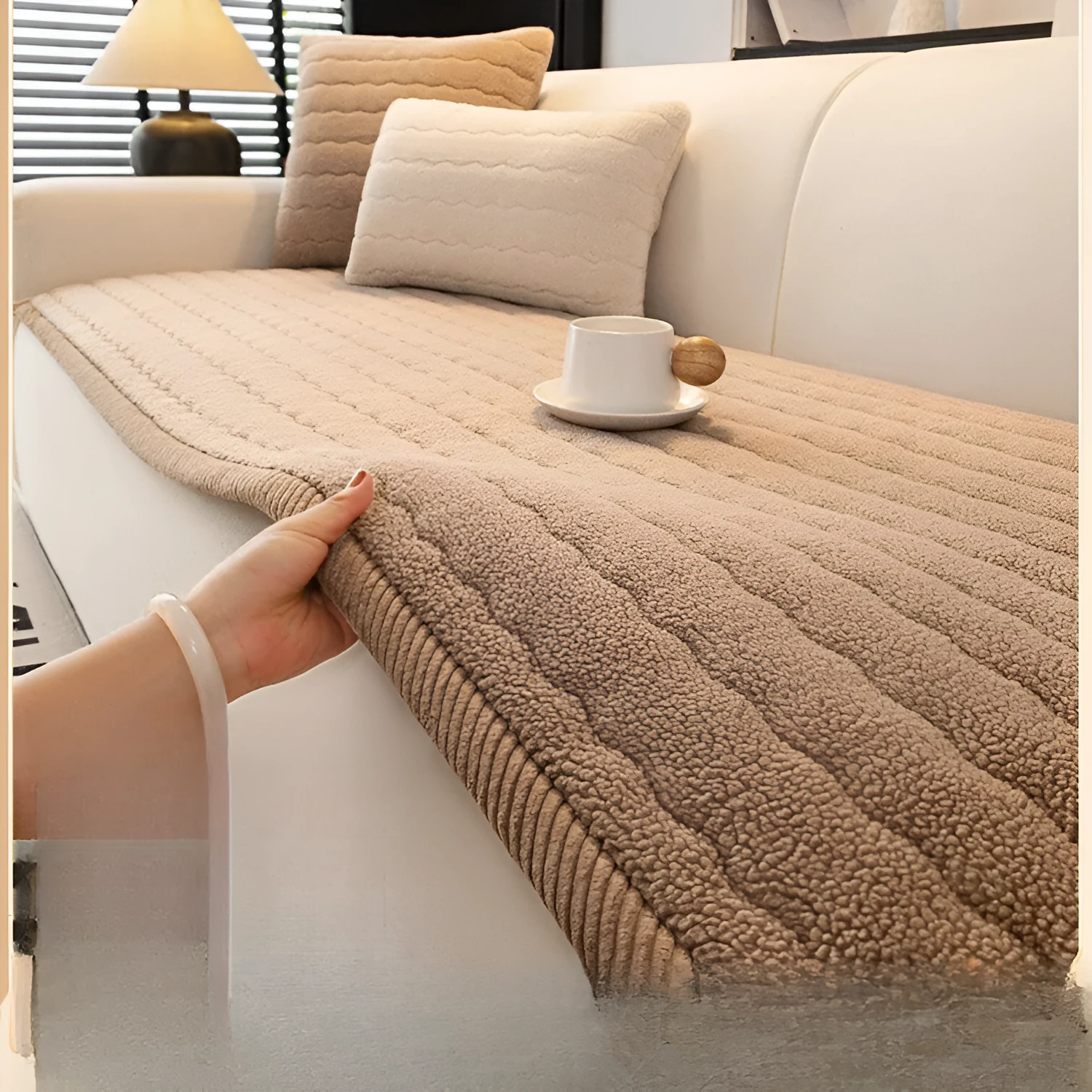 Thickened plush fleece sofa cover in beige on a couch, straight row design, dust protection cover