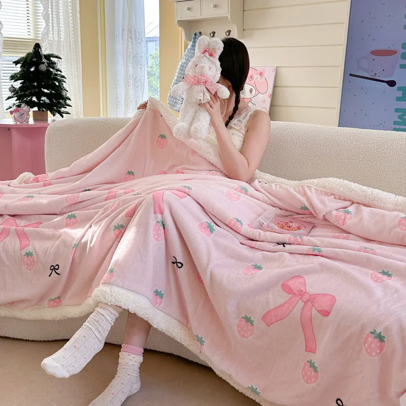 INS style double-layer polyester travel blanket with water milk cartoon anime design, available in sizes 70x100cm to 150x200cm