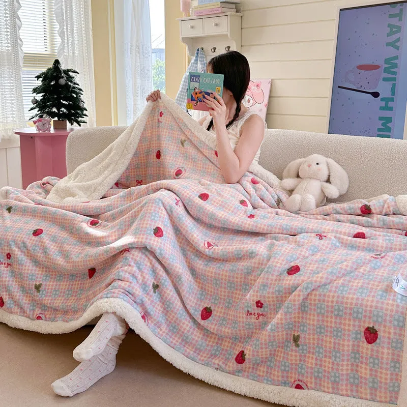 INS style double-layer polyester travel blanket with water milk cartoon anime design, available in sizes 70x100cm to 150x200cm