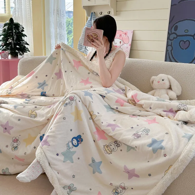 INS style double-layer polyester travel blanket with water milk cartoon anime design, available in sizes 70x100cm to 150x200cm