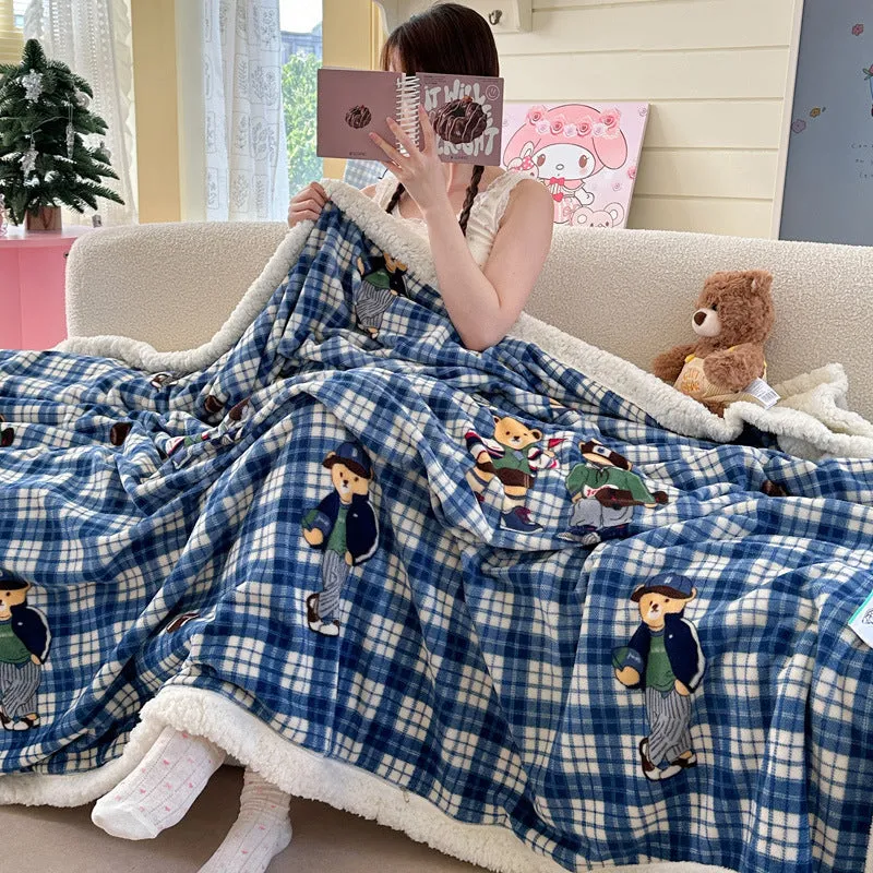 INS style double-layer polyester travel blanket with water milk cartoon anime design, available in sizes 70x100cm to 150x200cm