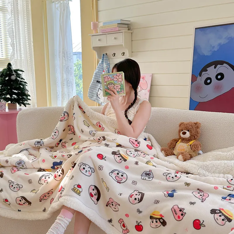 INS style double-layer polyester travel blanket with water milk cartoon anime design, available in sizes 70x100cm to 150x200cm