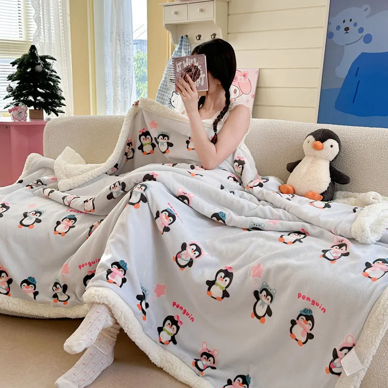 INS style double-layer polyester travel blanket with water milk cartoon anime design, available in sizes 70x100cm to 150x200cm