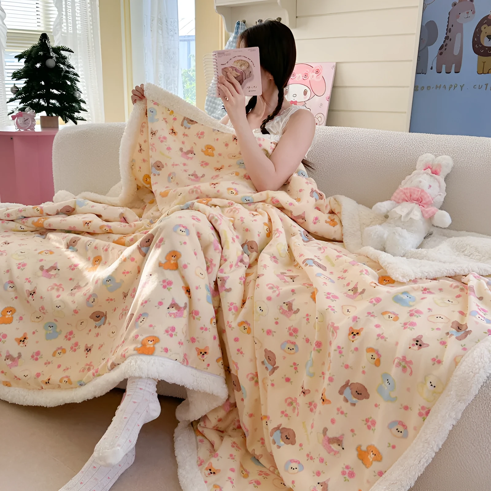 INS style double-layer polyester travel blanket with water milk cartoon anime design, available in sizes 70x100cm to 150x200cm