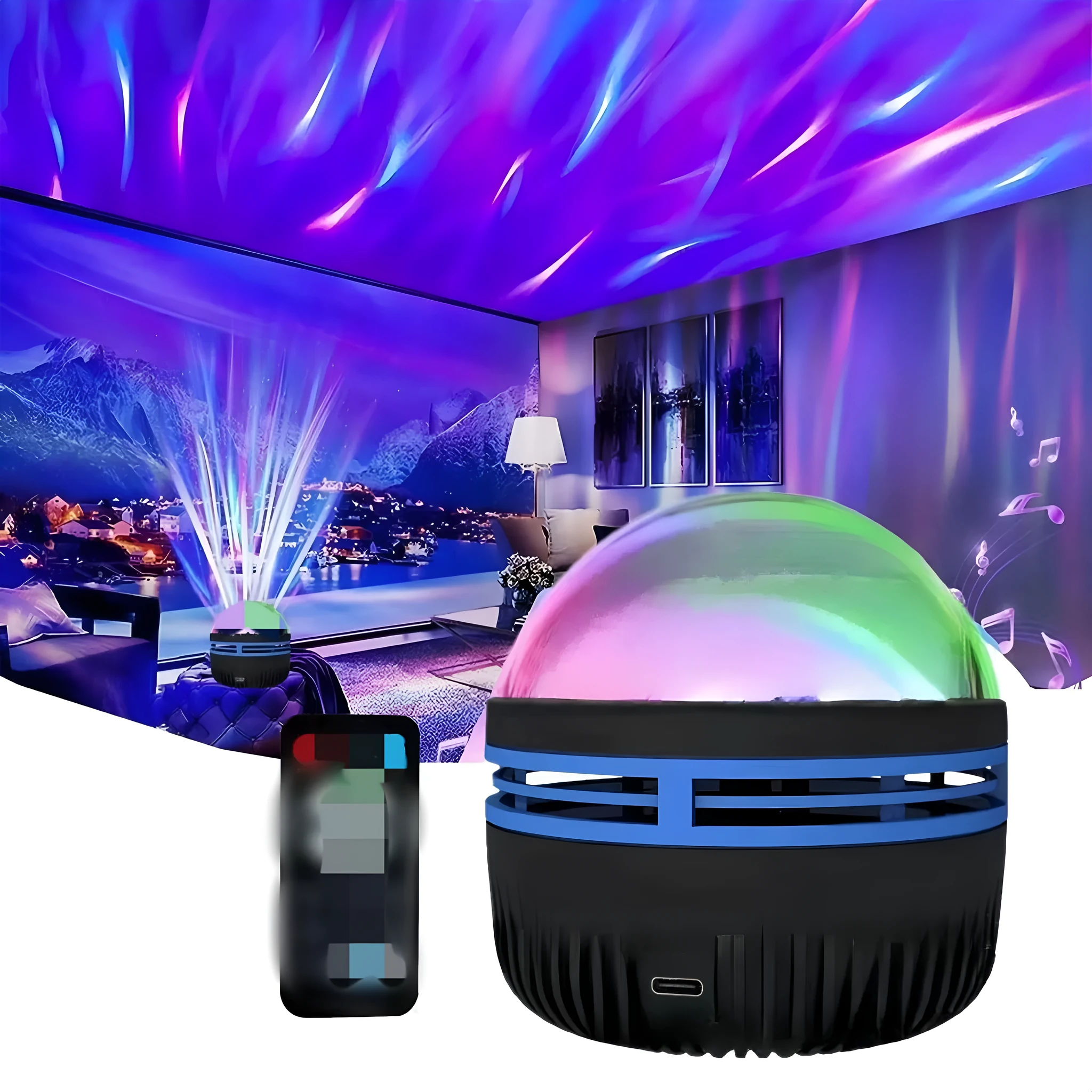 Fantasy Northern Lights projection star light with geometric PVC shade on a shelf