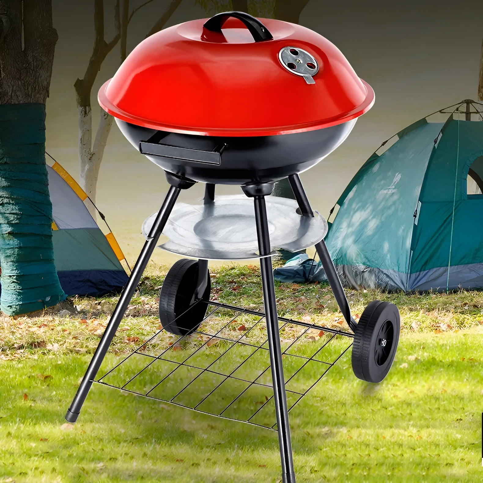 Portable minimalist barbecue oven with a 14-inch Apple stove style iron grill.