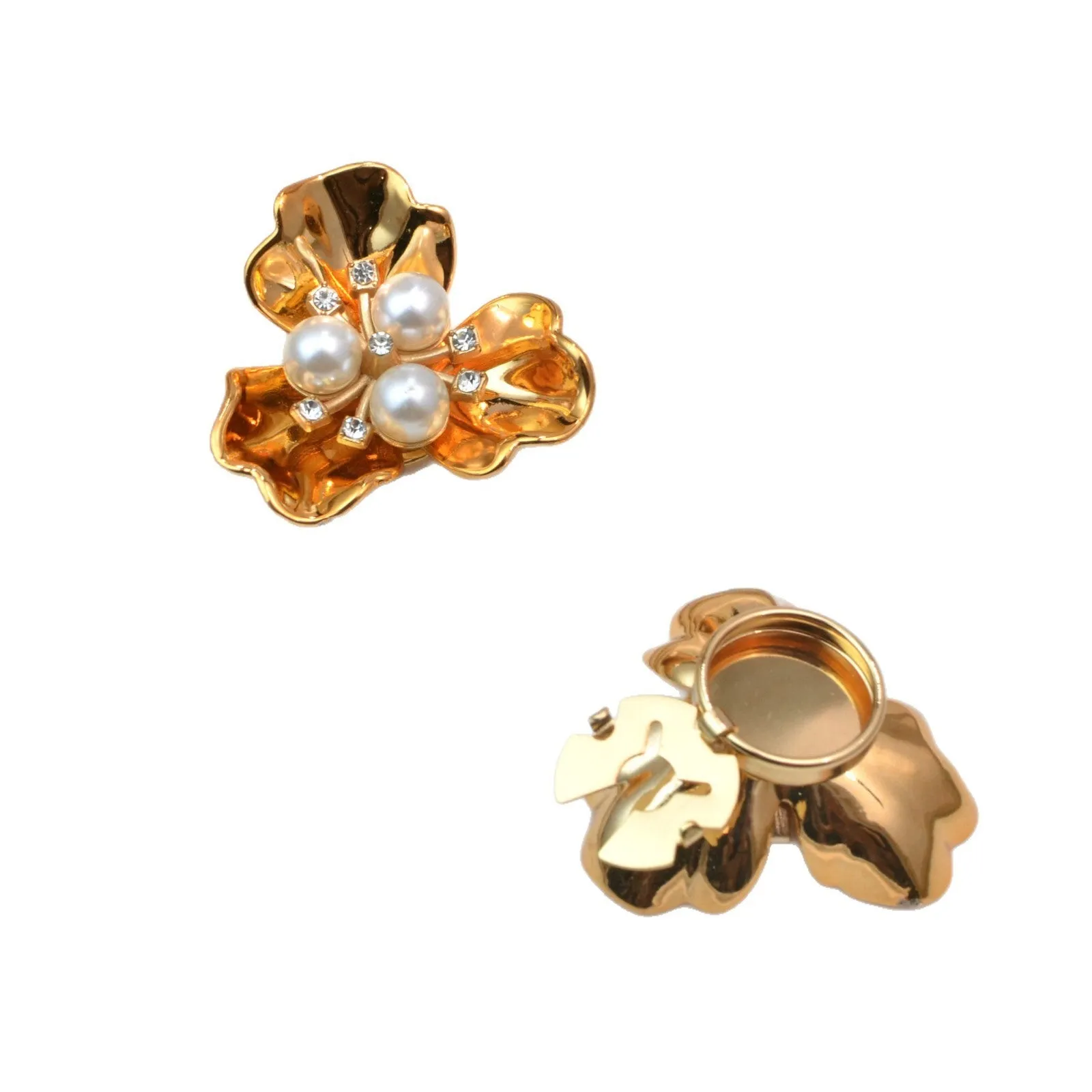 Metal cufflinks with pearl three-flap design in gold, pink, red, and white colours on white background