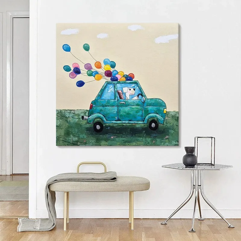 Handmade oil painting on canvas of cartoon car with dog and balloon, square size, frameless rolled canvas