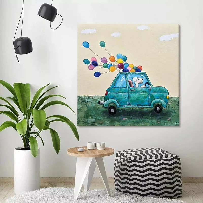 Handmade oil painting on canvas of cartoon car with dog and balloon, square size, frameless rolled canvas