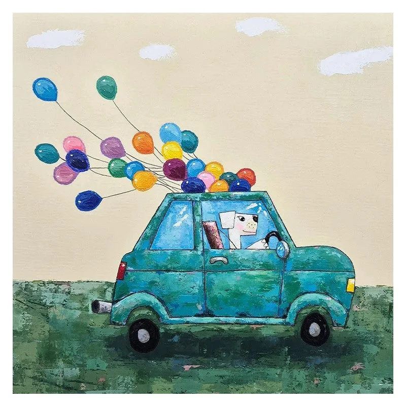Handmade oil painting on canvas of cartoon car with dog and balloon, square size, frameless rolled canvas