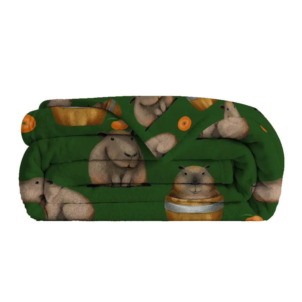 Flannel orange and capybara pattern soft fluffy multifunctional printed blanket on sofa