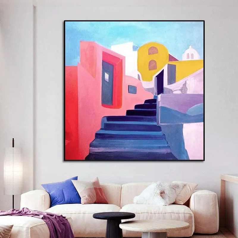 Hand-painted abstract landscape oil painting on canvas, frameless and rolled, square format