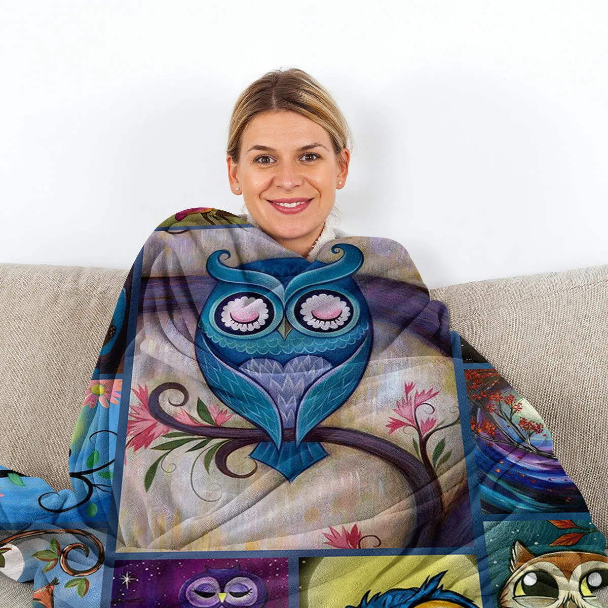 Flannel owl pattern soft multifunctional blanket in multicolour, suitable for camping, sofa, or office nap.