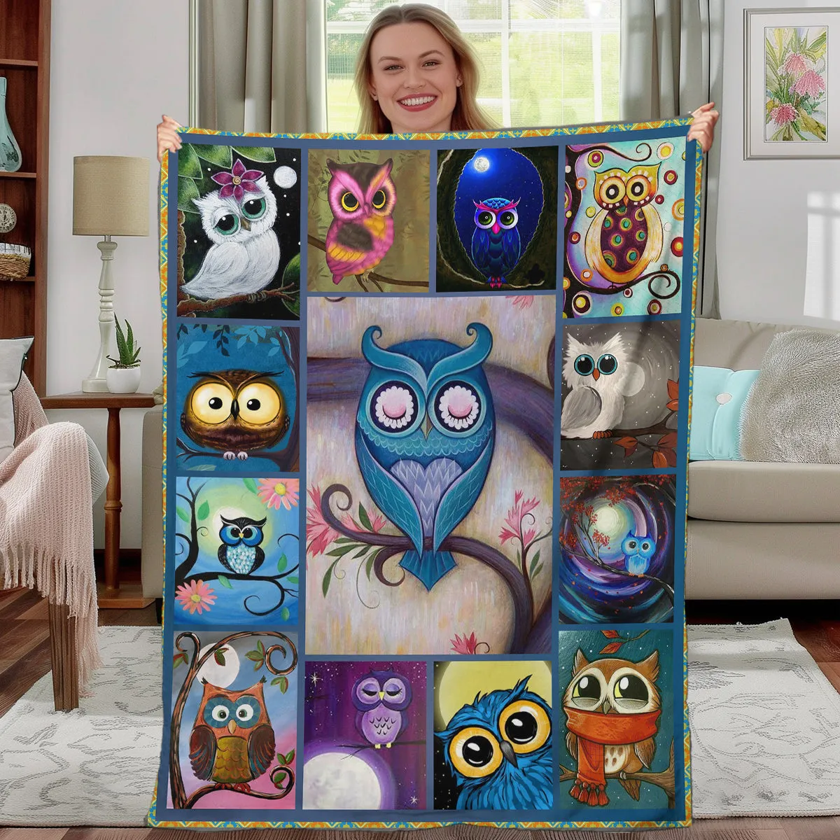 Flannel owl pattern soft multifunctional blanket in multicolour, suitable for camping, sofa, or office nap.