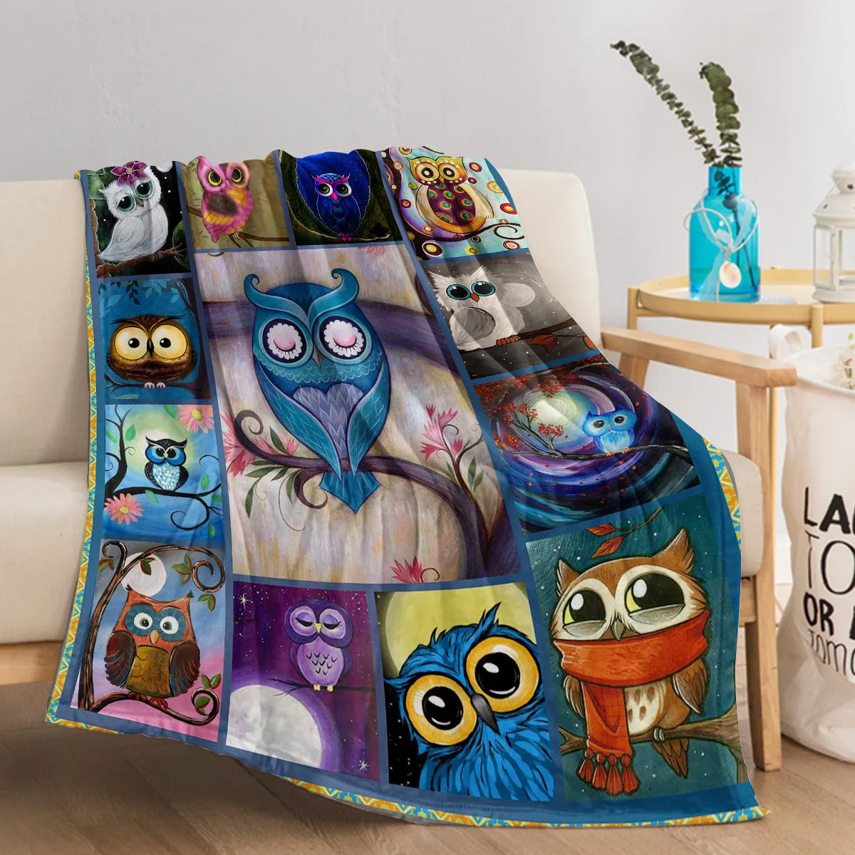 Flannel owl pattern soft multifunctional blanket in multicolour, suitable for camping, sofa, or office nap.