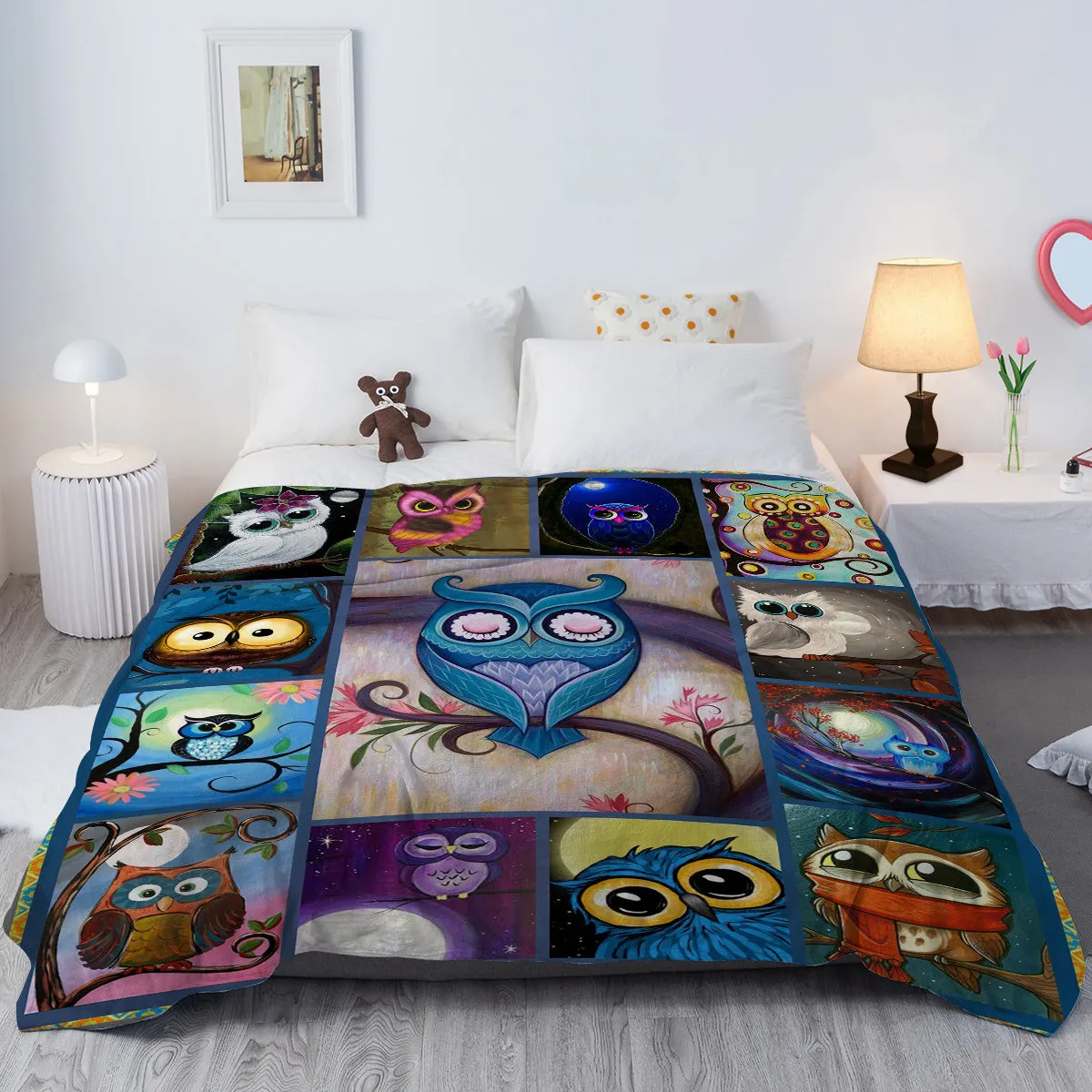 Flannel owl pattern soft multifunctional blanket in multicolour, suitable for camping, sofa, or office nap.