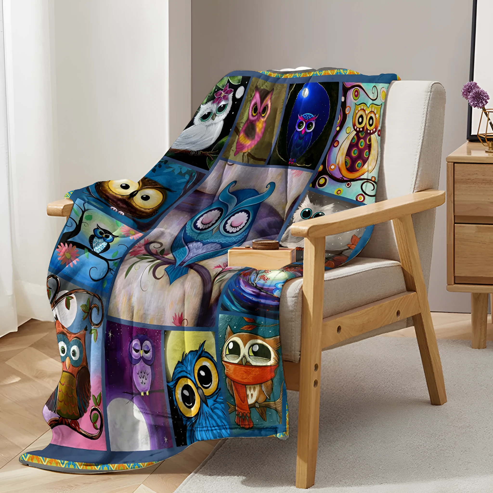 Flannel owl pattern soft multifunctional blanket in multicolour, suitable for camping, sofa, or office nap.