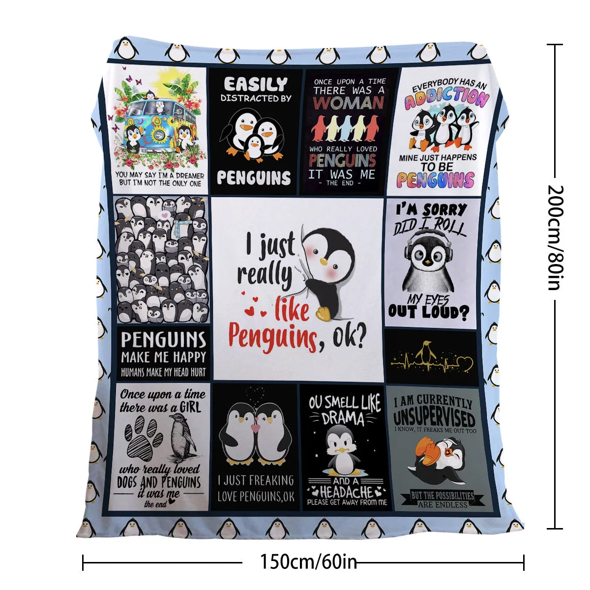 Multicoloured flannel throw blanket with penguin patterns, 130x150cm size on a sofa
