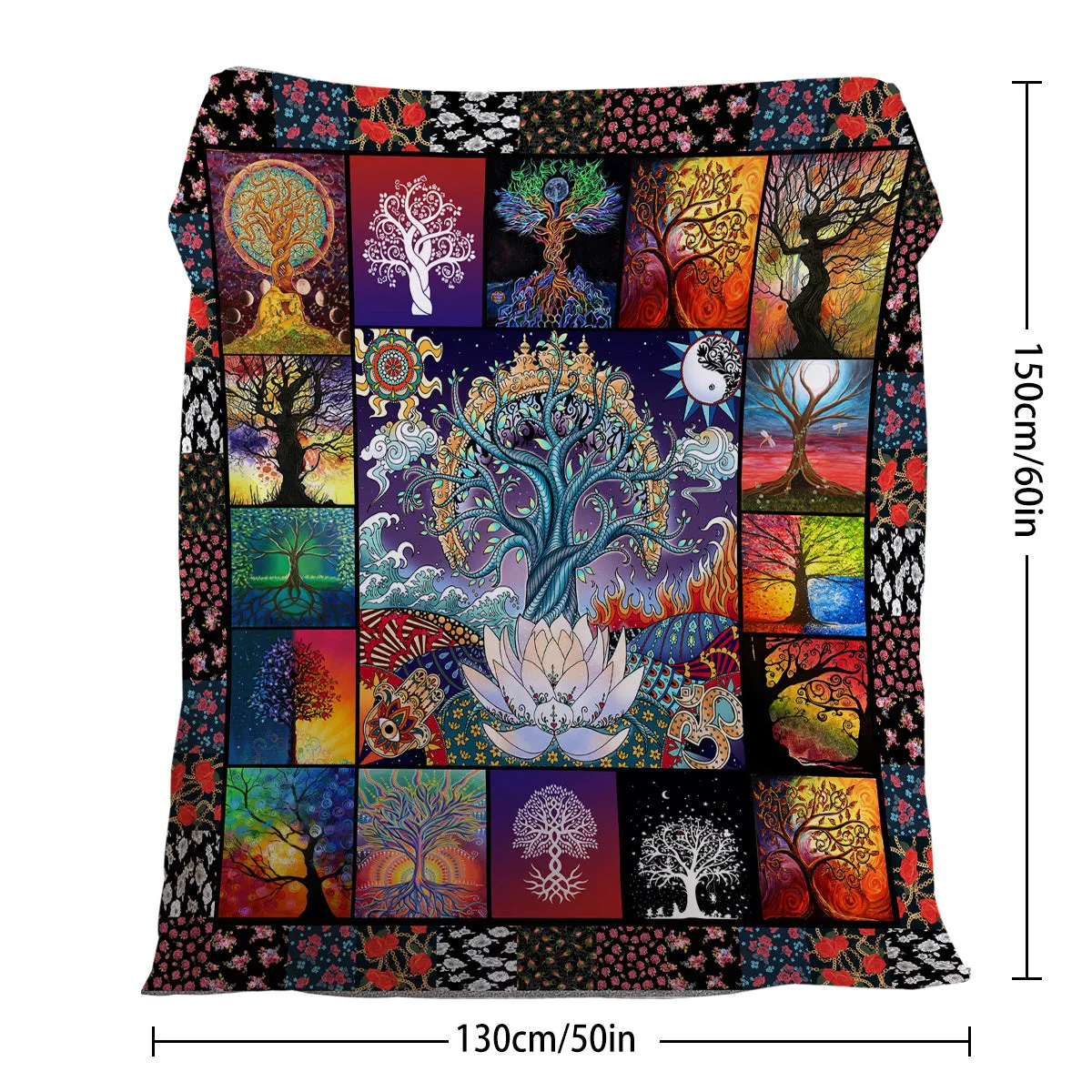Multicolored flannel blanket with lotus tree print, soft velvet fabric, hemmed edges, available in 75x100cm 130x150cm 150x200cm