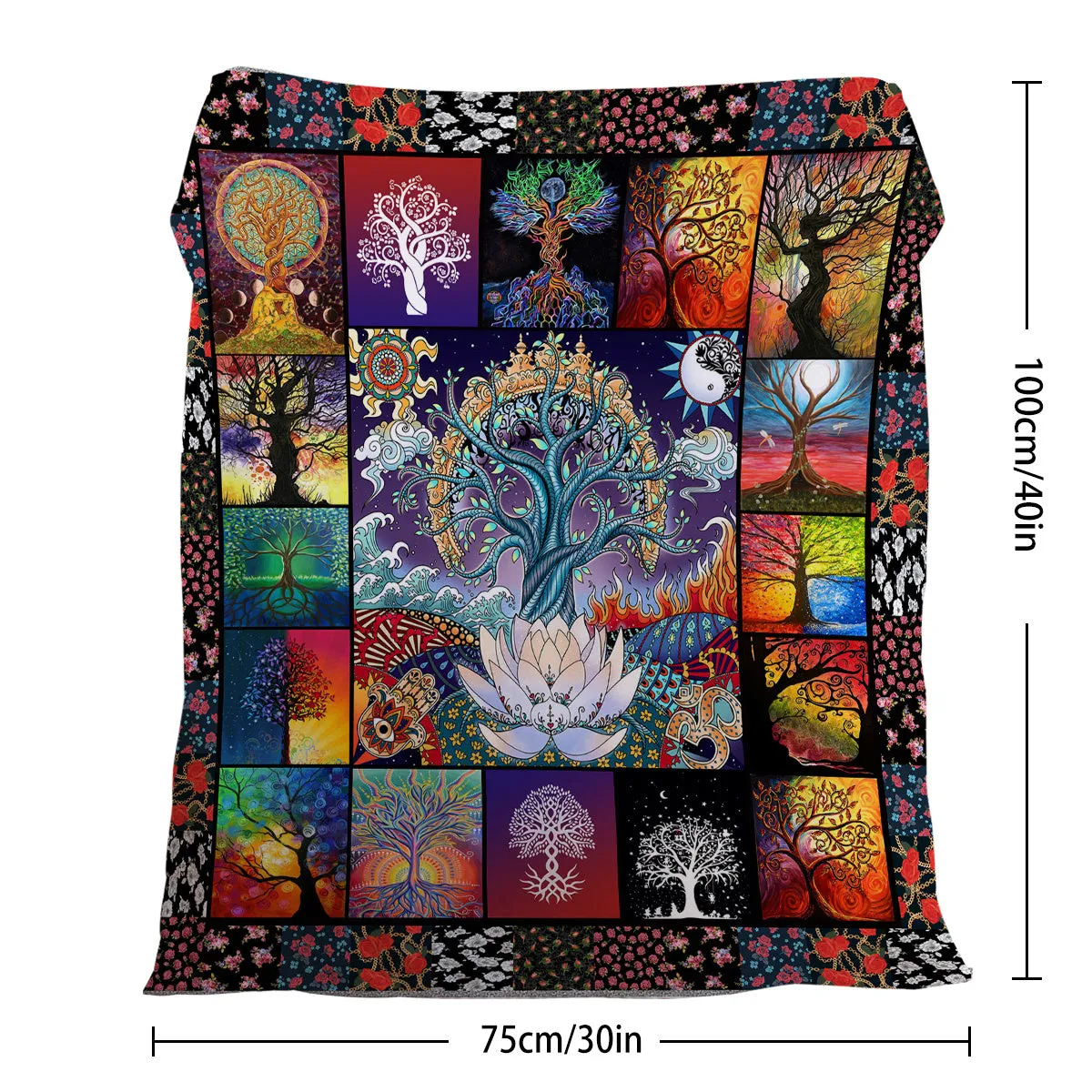 Multicolored flannel blanket with lotus tree print, soft velvet fabric, hemmed edges, available in 75x100cm 130x150cm 150x200cm