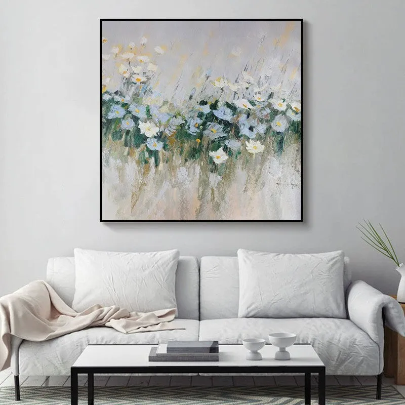 Hand-painted oil painting on canvas, modern blue flowers, square frameless unstretched artwork