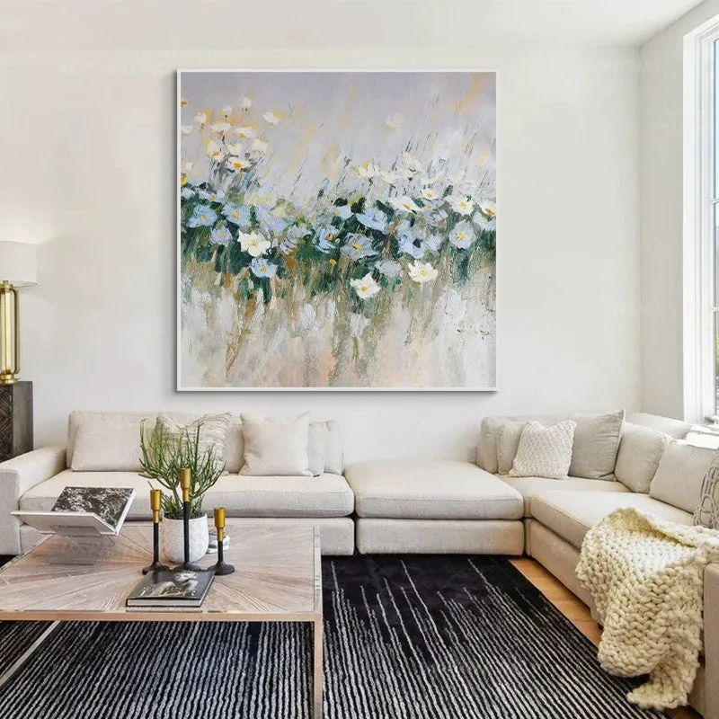 Hand-painted oil painting on canvas, modern blue flowers, square frameless unstretched artwork
