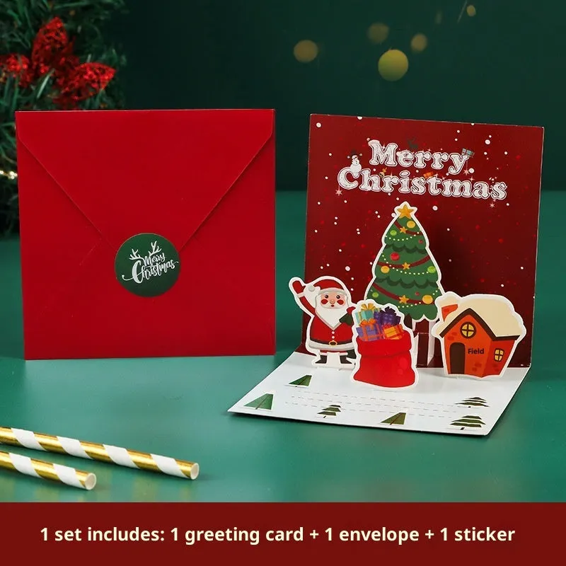 Three-dimensional blessing greeting card in fresh style, handmade from cardboard, with fold design on a flat surface