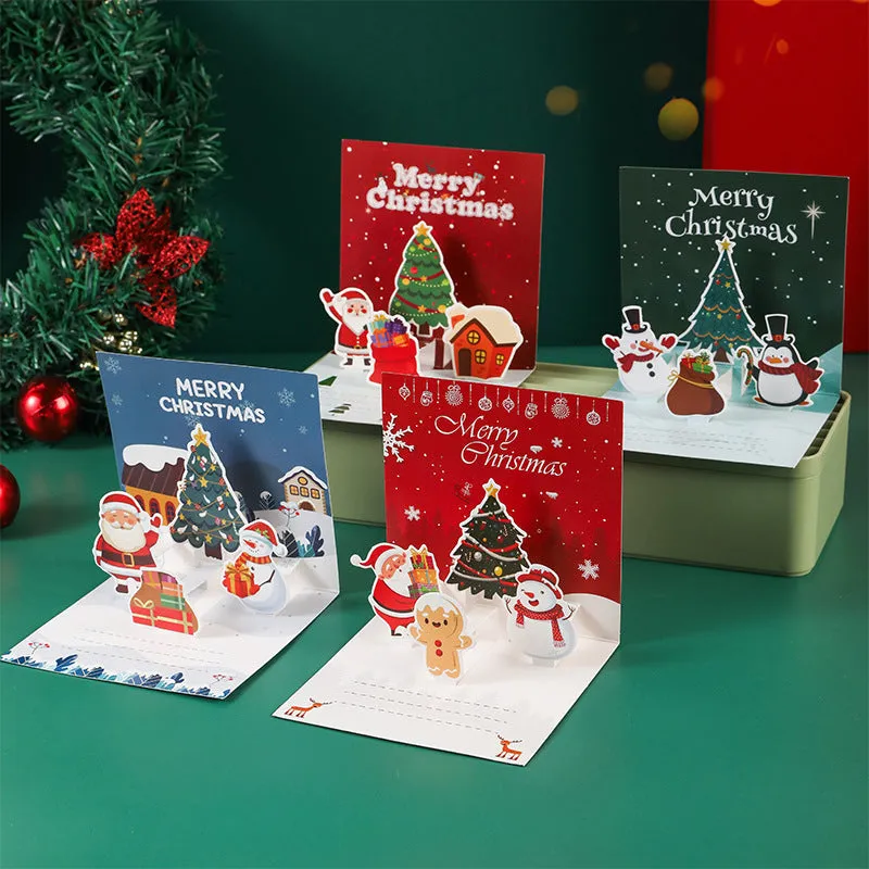 Three-dimensional blessing greeting card in fresh style, handmade from cardboard, with fold design on a flat surface