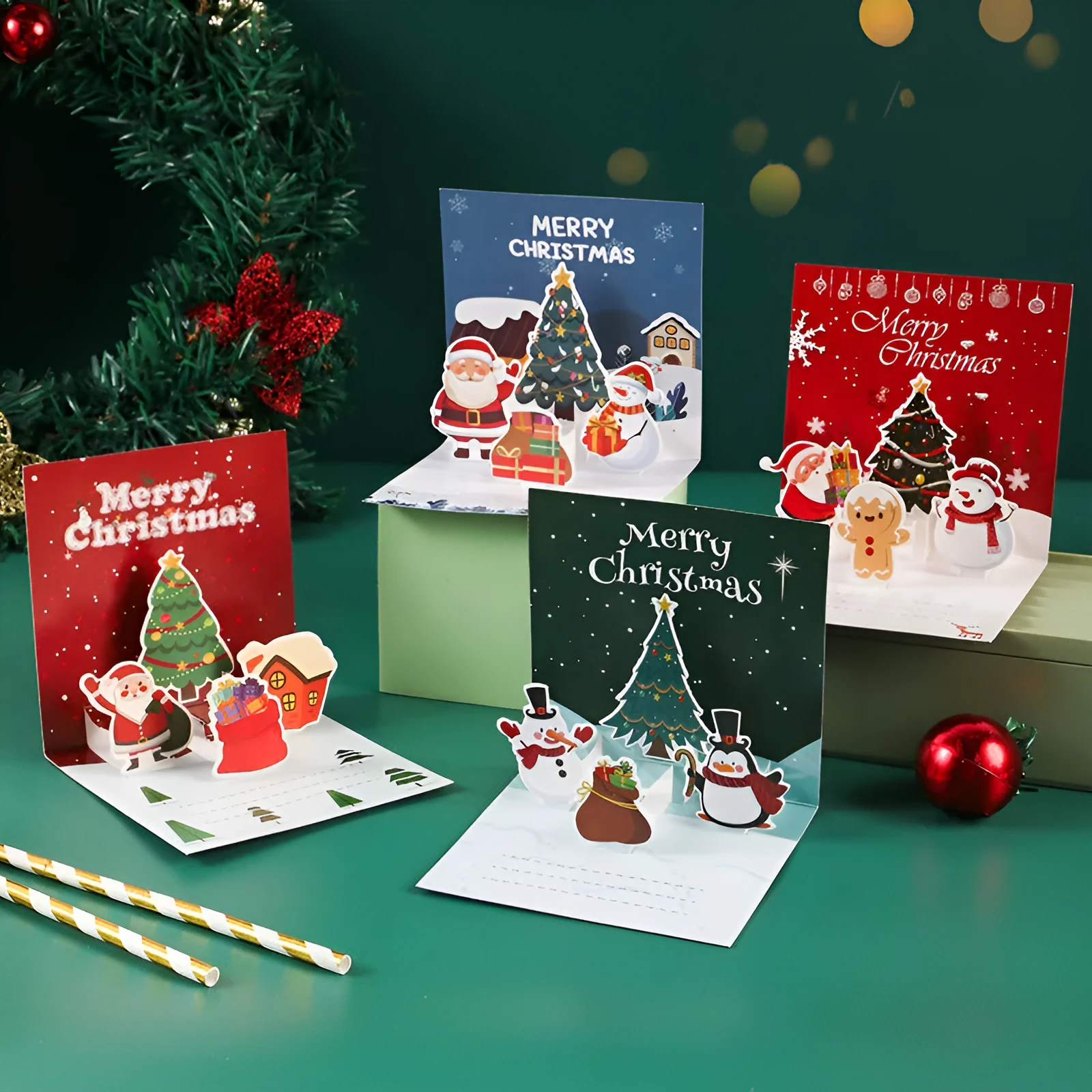 Three-dimensional blessing greeting card in fresh style, handmade from cardboard, with fold design on a flat surface