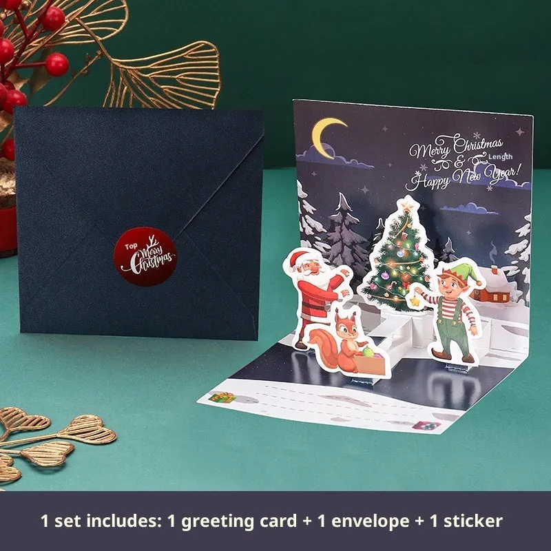 Three-dimensional blessing greeting card in fresh style, handmade from cardboard, with fold design on a flat surface
