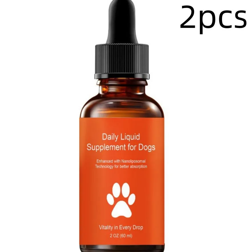 Daily Liquid Supplement For Dogs 60ml with dropper on a wooden surface
