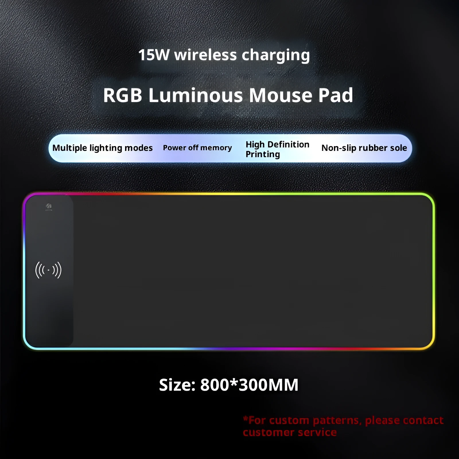 Oversized pure black wireless charging RGB luminous mouse pad with non-slip rubber base and 3mm thickness for gaming