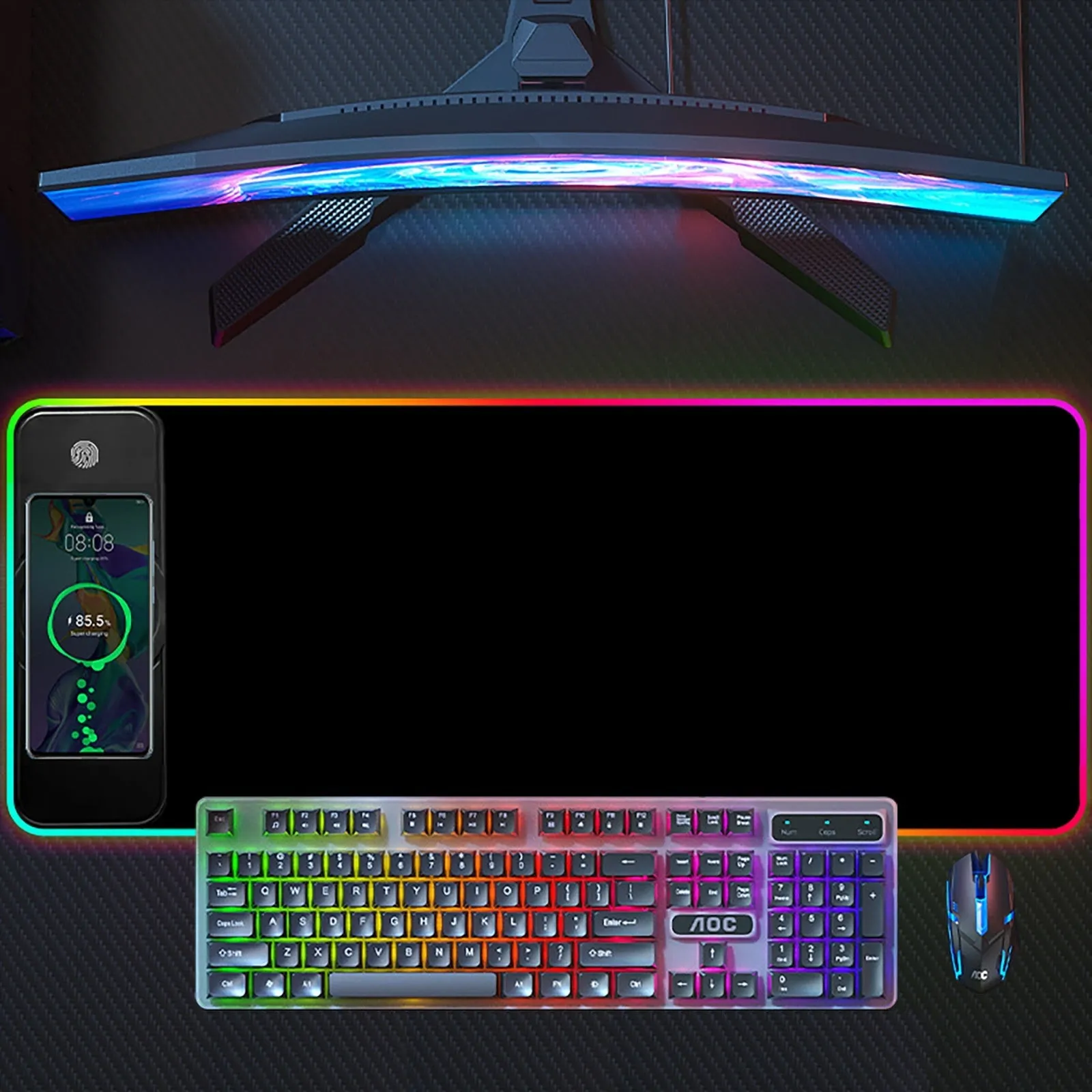 Oversized pure black wireless charging RGB luminous mouse pad with non-slip rubber base and 3mm thickness for gaming