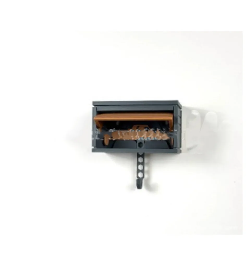 Car garage key holder with opening door, adhesive back, stripe pattern in beige and dark grey on wall